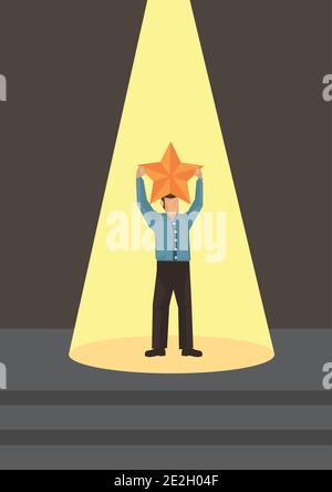 Businessman with a award star under a spotlight. Concept of winner. Flat cartoon character vector illustration. Stock Vector