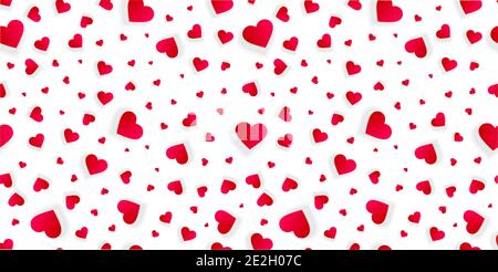 Valentine hearts seamless background, vector love pattern, texture with 3d red petals or confetti on white. Romantic banner or poster template, weddin Stock Vector
