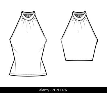 Set of Tops banded high neck halter tank technical fashion illustration with wrap, slim fit, crop, tunic length. Flat apparel outwear template front, white color. Women men CAD mockup Stock Vector