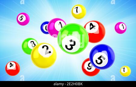 Lotto balls 3d vector bingo, lottery or keno gambling games colourful scatter flying spheres with lucky winning combination numbers. Gaming raffle, jackpot, chance drawing realistic illustration Stock Vector