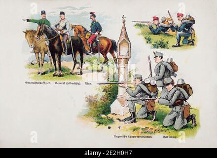 Austro-Hungarian Armee (Imperial and Royal Armed Forces). Top left: general staff officer, general (feld uniform), ulan. Bottom right: Hungarian Landw Stock Photo