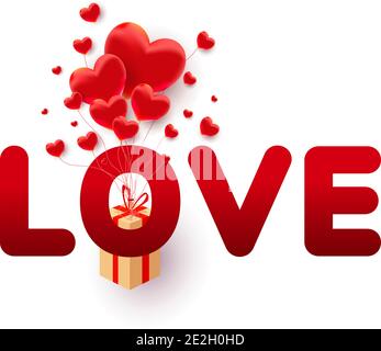 Happy valentines day background, poster, card, invitation with 3d hearts shape, box fly in the air and love text on white background. Stock Vector