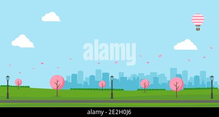 Public park landscape vector illustration. Spring season. Cherry blossoms. Stock Vector
