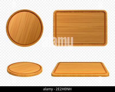 Wooden pizza and cutting boards top or front view. Trays of round and rectangular shapes, natural, eco-friendly kitchen utensils made of wood isolated on white background, realistic 3d vector set Stock Vector