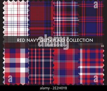 Red Navy Glen Plaid Tartan seamless pattern collection includes 8 designs for fashion textile Stock Vector