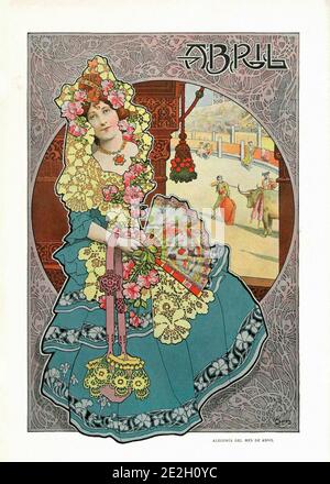 Allegorical depiction of the seasons in Art Nouveau style. Allegory of April. Album Salon. 1901. Spain, Catalonia, Barcelona Stock Photo