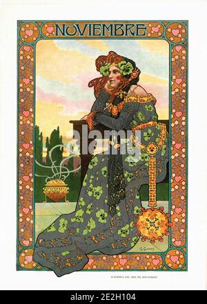 Allegorical depiction of the seasons in Art Nouveau style. Allegory of November. Album Salon. 1901. Spain, Catalonia, Barcelona Stock Photo