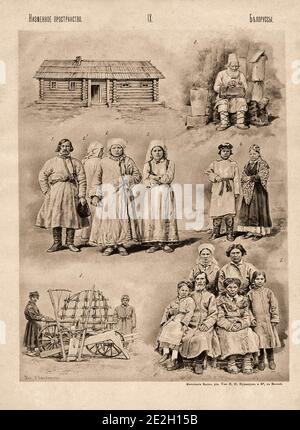 Peoples of former Russian Empire. Belarusians. 1-3, 7 (peasant house) - 8 (old man-beekeeper) peasants Mogilev province. 4 (girl and guy in wedding at Stock Photo