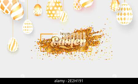 Easter greetings banner. Hanging Easter eggs with patterns. Vector 3d illustration Stock Vector