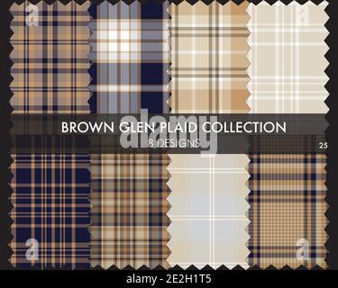 Brown Glen Plaid Tartan seamless pattern collection includes 8 designs for fashion textiles and Stock Vector