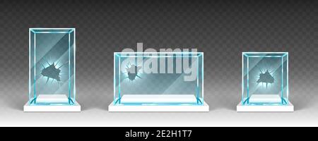 Broken glass showcases, displays, exhibit stands, transparent boxes with holes on white base front view. Damaged crystal blocks, exhibition or award podiums, isolated realistic 3d vector objects set Stock Vector