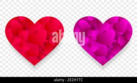 Pink and red heart icons 3d effect with small hearts petals inside of big shape isolated on transparent background. Love, marriage, romance elements f Stock Vector