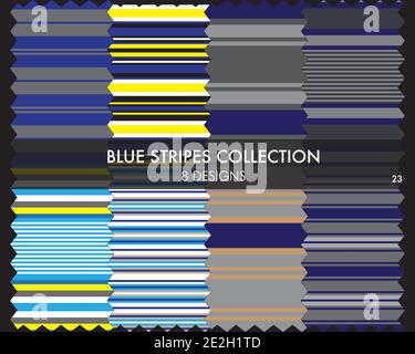 Blue striped seamless pattern collection includes 8 designs for fashion textiles, graphics Stock Vector