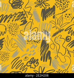 Cute abstract vector illuminated yellow and ultimate gray textured hand drawn scribble square shape seamless pattern. Trendy texture for textile desig Stock Vector