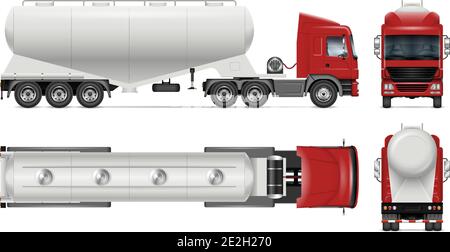 Dry bulk tanker trailer truck vector mockup on white for vehicle branding, corporate identity. All elements in groups on separate layers Stock Vector