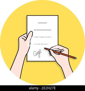 linear hands with signed contract. concept of man or woman with confirm outcome or inference and ownership doc. cartoon flat modern logo graphic art Stock Vector