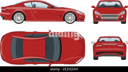 Red sports car vector template with simple colors without gradients and effects. View from side, front, back, and top Stock Vector