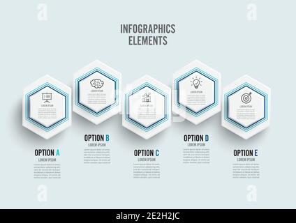 Vector infographic template with 3D paper label, integrated circles. Business concept with 5 options. For content, diagram, flowchart, steps, parts, t Stock Vector