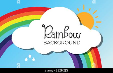 Rainbow with clouds on blue background. Color rainbow with clouds, sky. Vector cartoon illustration isolated on blue. Stock Vector
