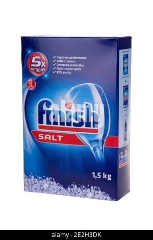 BURGAS, BULGARIA - SEPTEMBER 9, 2018: Finish Dishwasher Salt 1.5 kg isolated on white. Water softener salt. Stock Photo