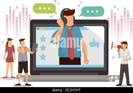 Telemarketer hotline operator advises client, online global technical support. Concept of customer service. Flat cartoon character vector illustration Stock Vector