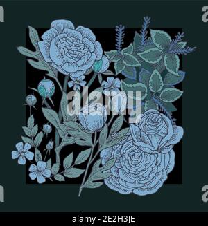 peony, rose flowers. Background illustration. Hand drawing outline. Flowering of garden plants. Abstract plant picture. Vector Stock Vector