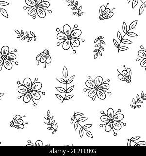 Fancy flowers, leaves seamless pattern simple vector minimalist concept outline illustration, thin line hand drawn floral repeat ornament for invitations, greeting cards, banner, booklet design Stock Vector