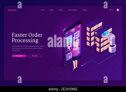 Faster order processing concept. Robotic automated process in warehouse, smart retrieval system for storage. Vector landing page of RPA with isometric woman manage logistic with smartphone Stock Vector