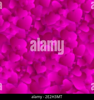 Valentines love heart background, vector 3d effect texture pattern with pink petals or confetti. Romantic wedding invitation card with hearts messy ex Stock Vector