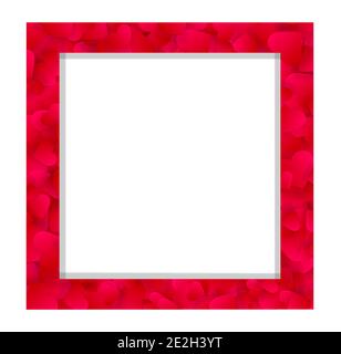 Heart frame vector love border with red petals, hearts or confetti. Valentine day wedding invitation or cover design with copy space, photo frame isol Stock Vector