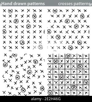 Four seamless patterns made with crosses drawn by hand. Stock Vector