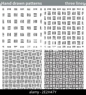 Four seamless patterns made with small pieces of lines drawn by hand. Stock Vector