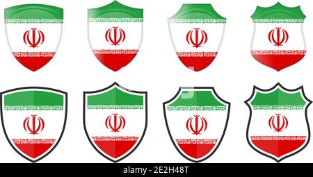 Vertical Iran flag in shield shape, four 3d and simple versions. Persian icon / sign Stock Vector