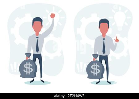 Business man character hold bags full of money. Stock Vector