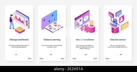 Isometric digital marketing, management solution vector illustration. UX, UI onboarding mobile app page screen set with cartoon 3d innovative learning idea startup, chat bot technology to manage data Stock Vector