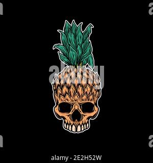 Illustration of pineapple skull. Design element for logo, label, sign, poster, card. Vector illustration Stock Vector