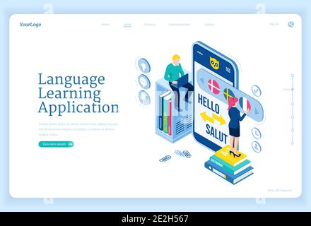 Language learning application banner. Digital online education service, mobile app for training foreign languages. Vector landing page with isometric people studying with smartphone and laptop Stock Vector