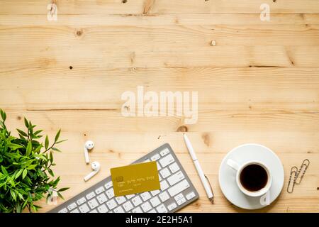 Online banking. Secure Payment notification on computer with credit cards, top view Stock Photo
