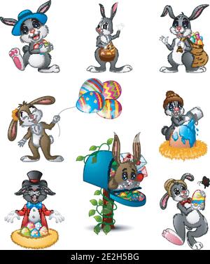 Vector illustration of Set of Easter Bunnies cartoon Stock Vector