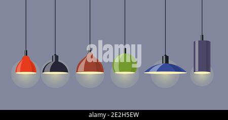 Hanging lamps, set. Chandeliers, lamps, bulbs - elements of modern interior. Vector illustration isolated Stock Vector