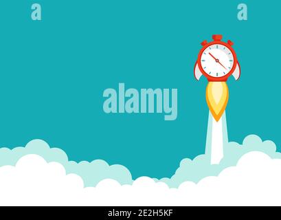 red stopwatch rocket ship with fire and sky with clouds. Fast time stop watch, limited offer, deadline symbol. Vector illustration on blue. Time to wo Stock Vector