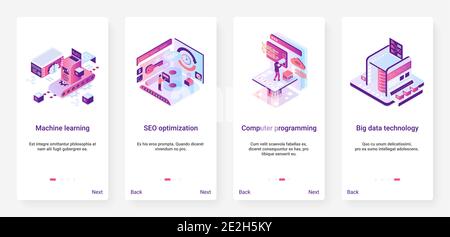 Machine learning, programming code data technology vector illustration. UX, UI onboarding mobile app page screen set with cartoon 3d programmer works on tech seo optimization, computer machinery Stock Vector