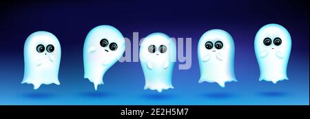 Cute ghost character with different emotions on blue background. Vector set of cartoon mascot, white phantom smiling, greeting, sad and surprised. Creative emoji set, funny spirit chatbot Stock Vector