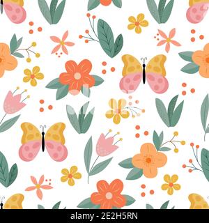 Seamless pattern with butterfly, yellow, flowers Stock Vector