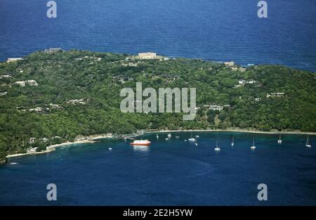 Caribbean, Saint Vincent and the Grenadines: aerial view of the private island of Mustique Stock Photo