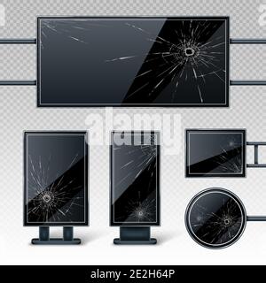 Broken blank billboards displays, empty black LCD screens or stands for advertising with holes and cracks. Horizontal, vertical, round and rectangular blank banners, isolated realistic 3d vector set Stock Vector