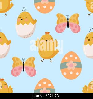 Seamless pattern with chickens, butterfly and egg Stock Vector