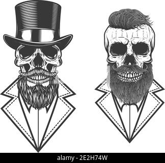 Set of Illustration of bearded hipster skull in vintage monochrome style. Design element for logo, emblem, sign, poster, card, banner. Vector illustra Stock Vector