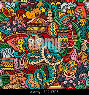 Cartoon cute doodles Chinese New Year seamless pattern Stock Vector