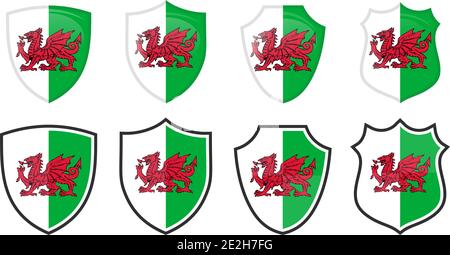 Vertical Wales flag in shield shape, four 3d and simple versions. Welsh icon / sign Stock Vector